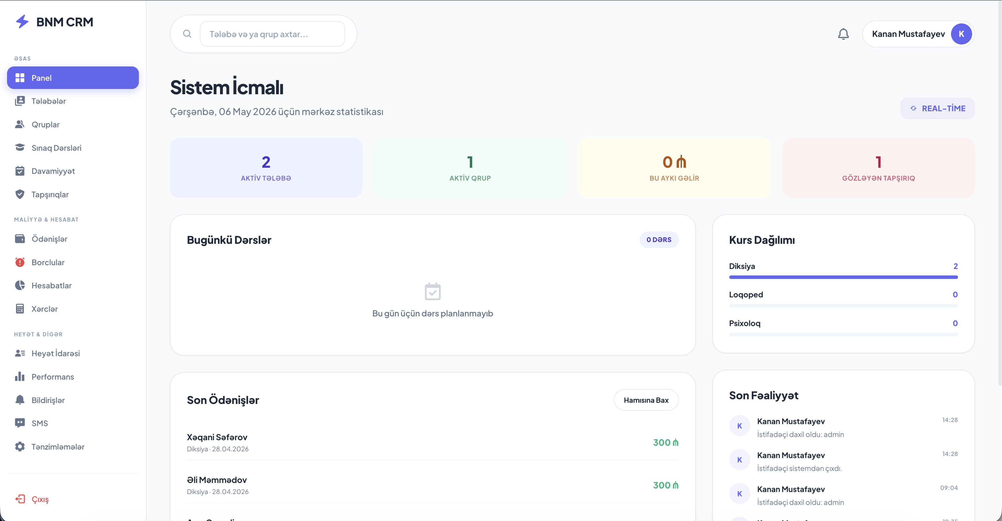Bakı Nitq Mərkəzi üçün İdarəetmə Paneli - CRM